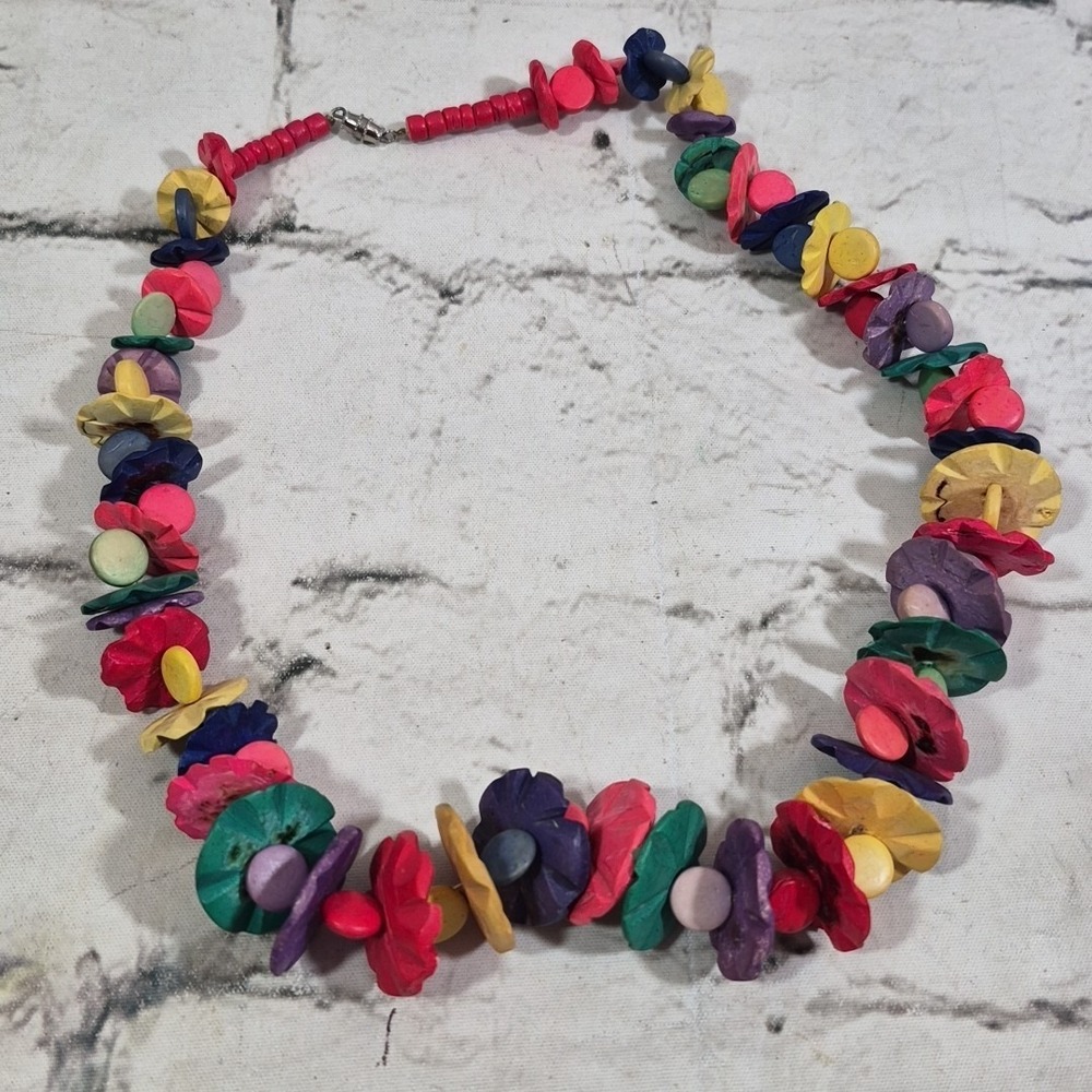 Vintage Multicolored Wood Floral Lei Necklace‎ Tropical Rainbow 24 inch